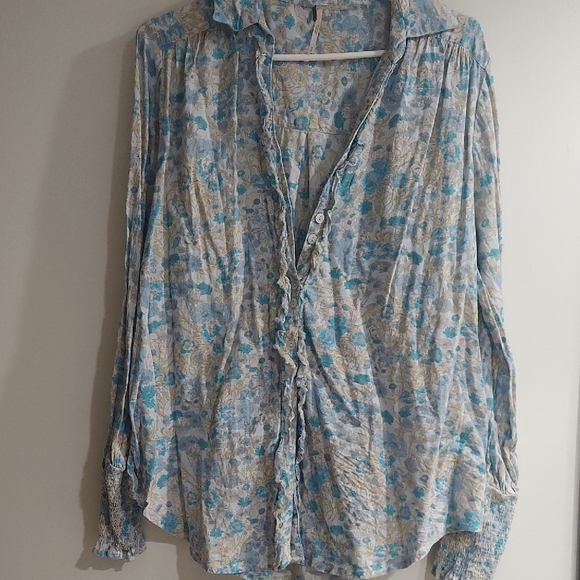 Free People Tops - Free People Blue and Cream Floral Button Down Shirt